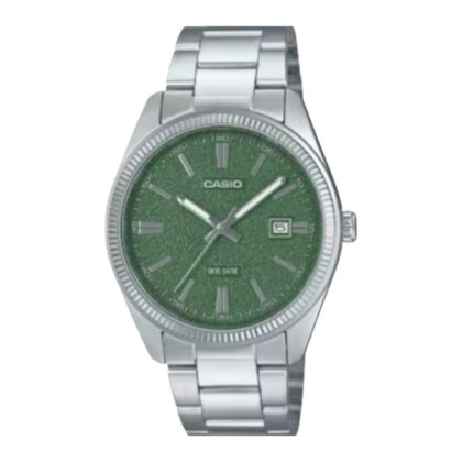 Casio MTP-1302DA-3AV Date Display Green Dial Stainless Steel Strap Analog Men Watch